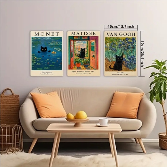Set of 3 Black Cat Unframed Art Prints - Monet, Matisse, Van Gogh - Picture 10 of 11